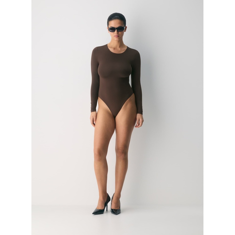 Babaton Contour Long‎ Sleeve Bodysuit Brown Crew Neck Thong Snap Small